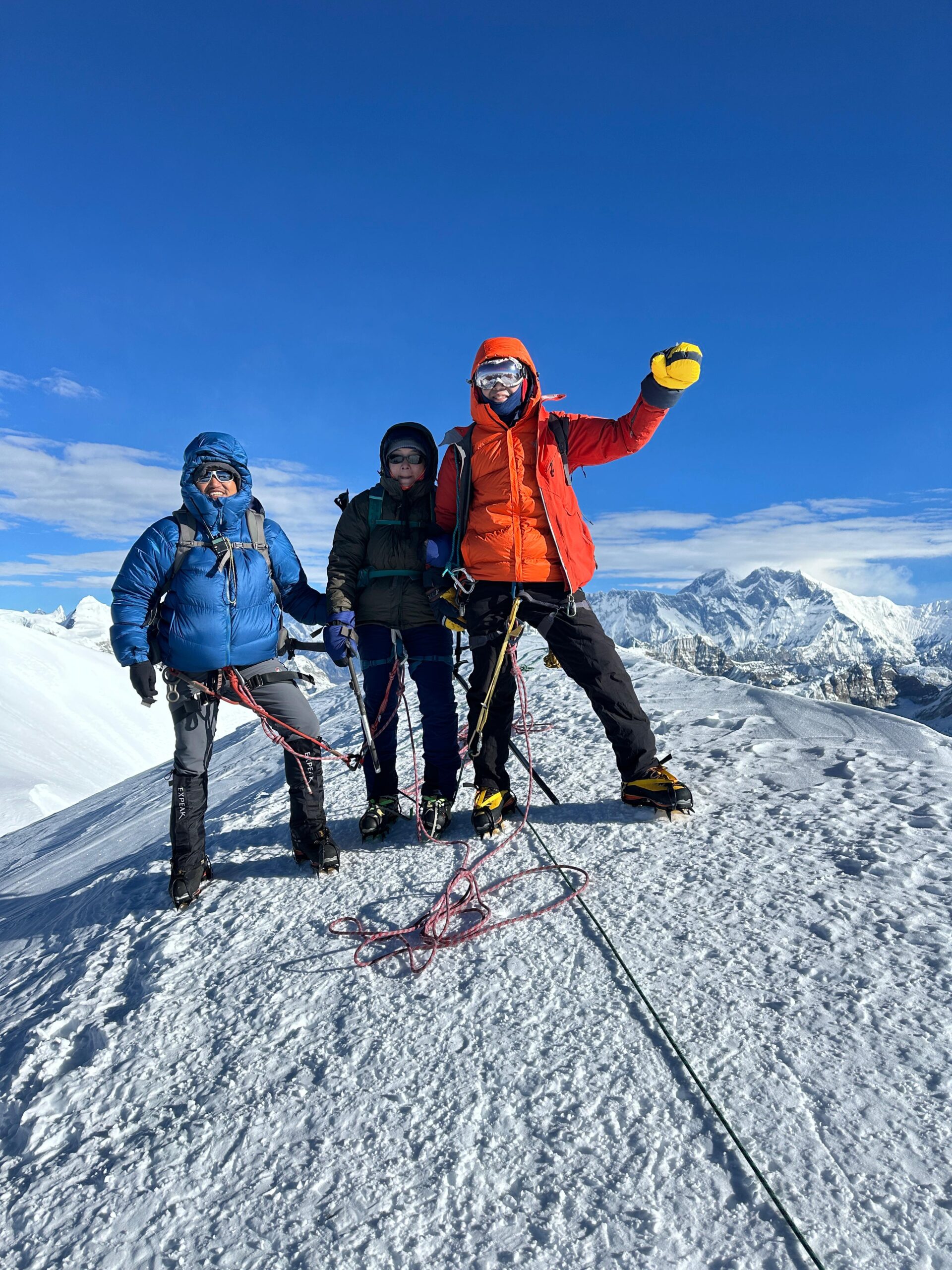 mera peak and ambulapcha, three hikers on the top